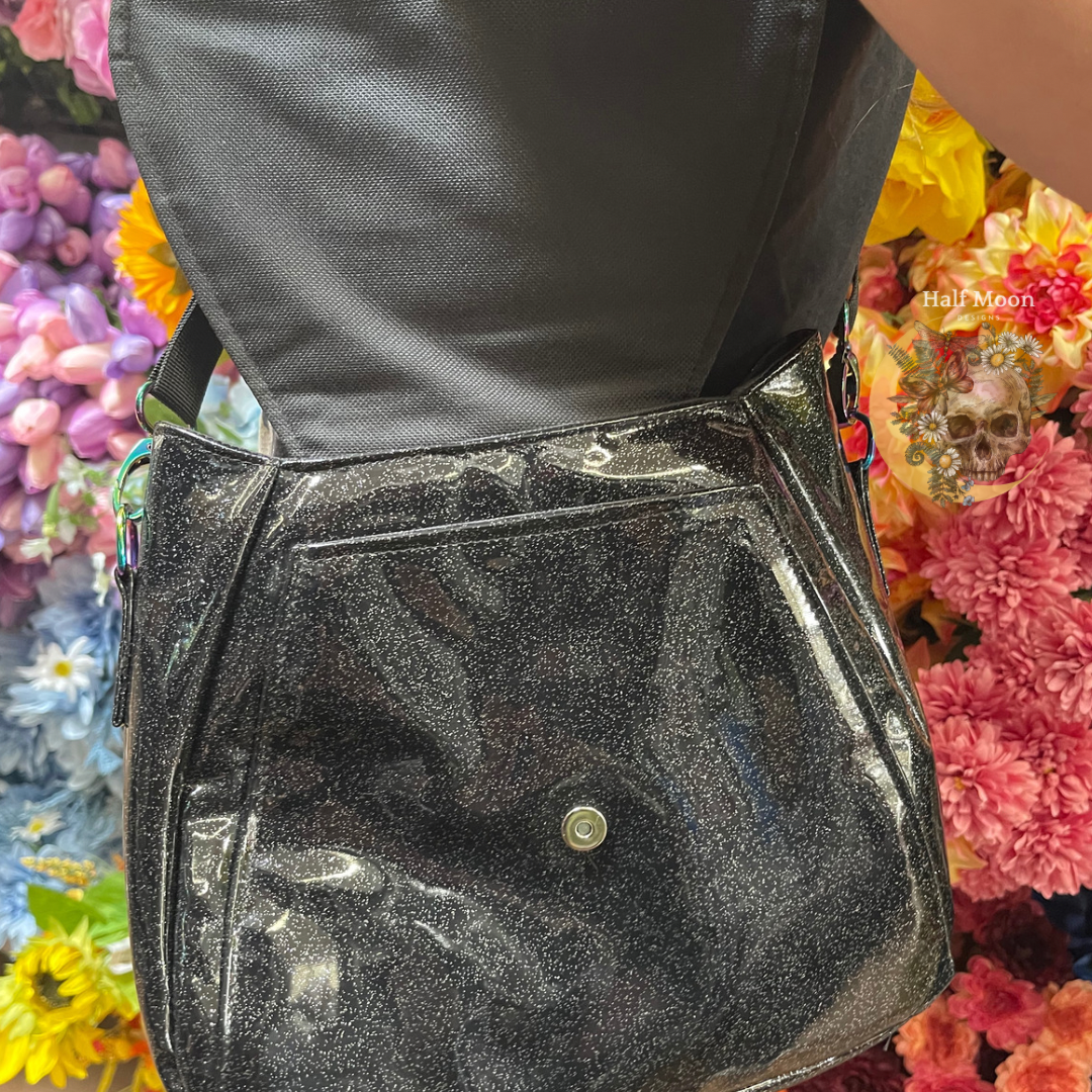 The Purrrrfect crossbody. The cat bag. In black sparkle faux patent leather