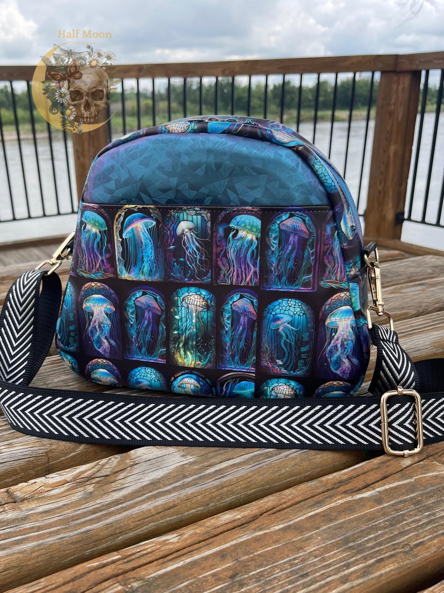 Bowler style handbag with colorful jelly fish